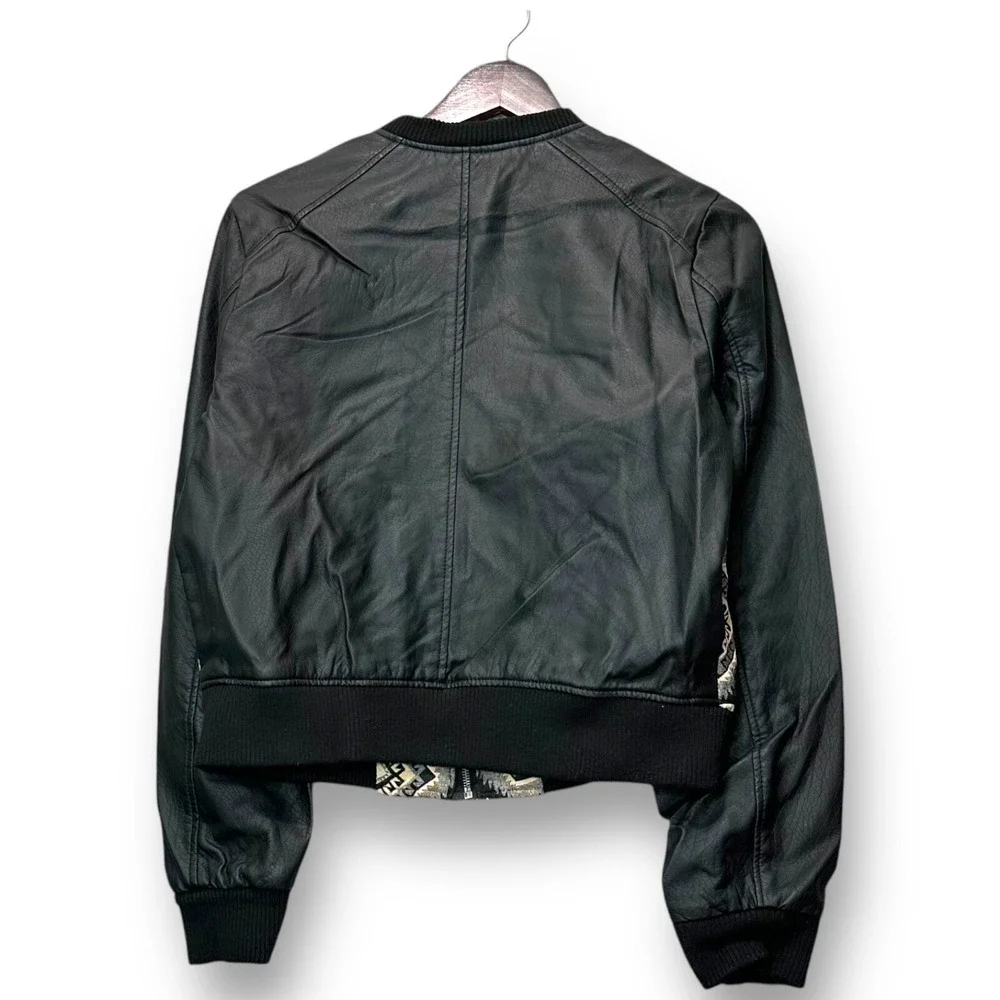 Women's Faux Leather Aztec Embroidered Bomber Jacket Small‎ Boho Tribal Festival
